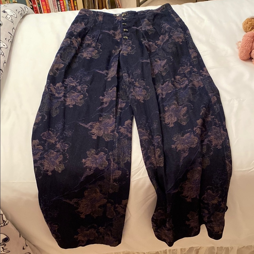 Anthropologie Wide-Leg Floral Pants in Navy with Mauve and Gold Accents - Picture 2 of 4